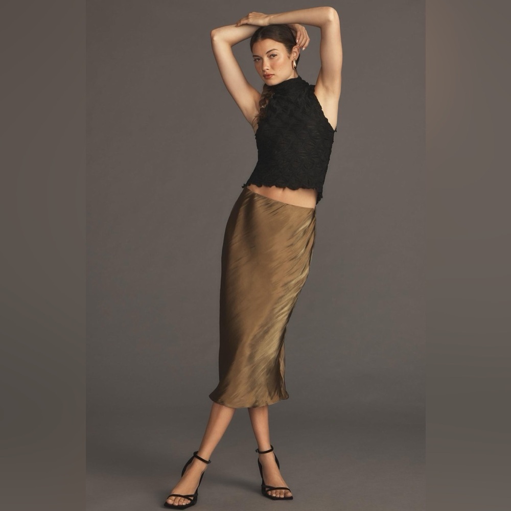 NWT Anthropologie Liquid Shine Bias-Cut Skirt in Moss XL